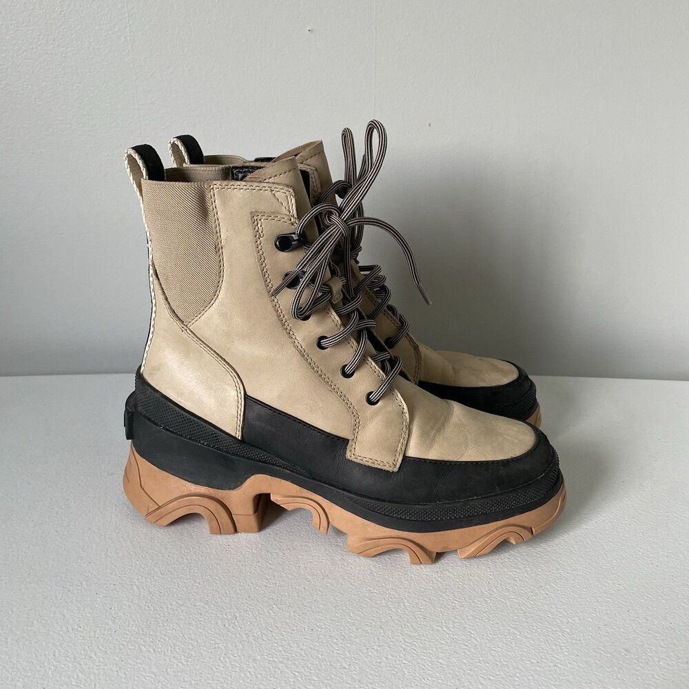 SOREL Brex Waterproof Lace Winter Fall Boot Sandy Tan Black Chunky Sole Size 7 - Picture 2 of 11